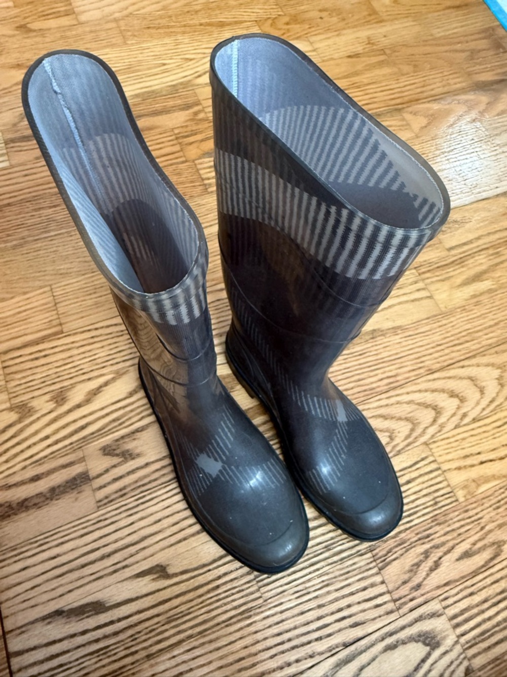 Burberry Black and Gray Plaid Rubber Rain Boots - Tall